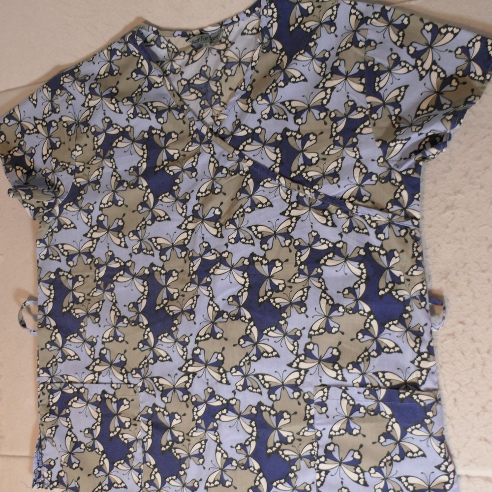 Wear For Care Womens Scrub Top XL Blue Butterfly Mock Wrap Medical Healthcare